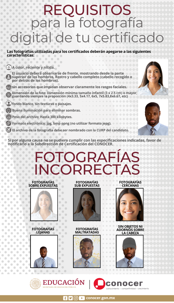 Guía de requisitos para la fotografía digital del certificado de competencia laboral CONOCER, con ejemplos de imágenes correctas e incorrectas.