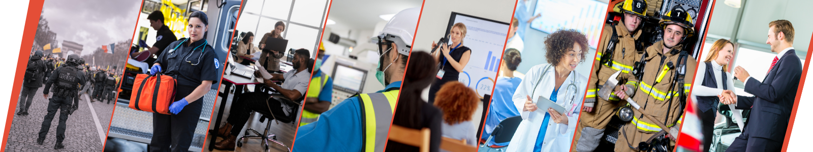 Collage de sectores productivos donde se aplica la formación basada en estándares de competencia: seguridad, salud, industria, educación, emergencias y negocios.